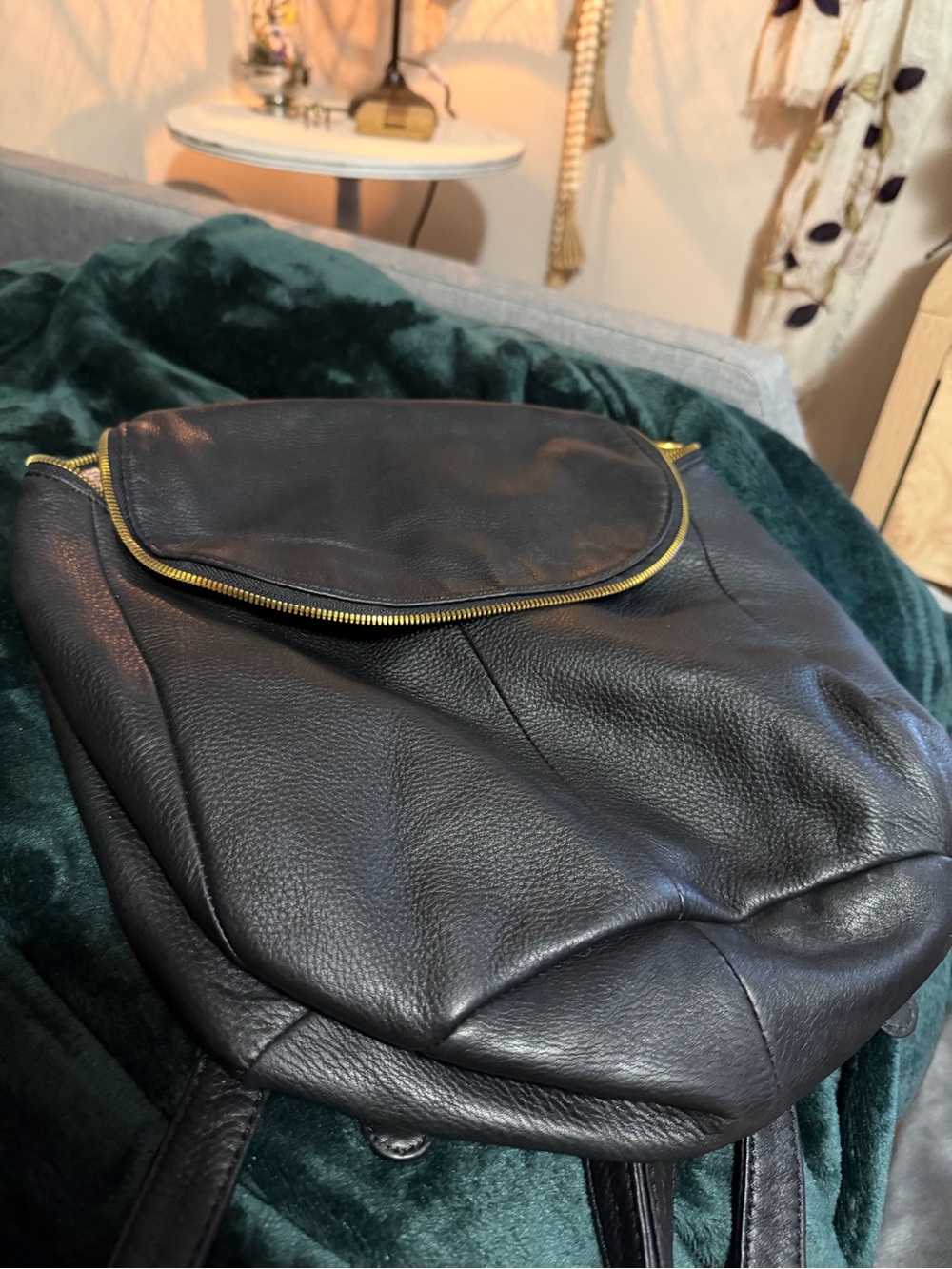 HOBO Black Leather Backpack with Gold Zipper Trim